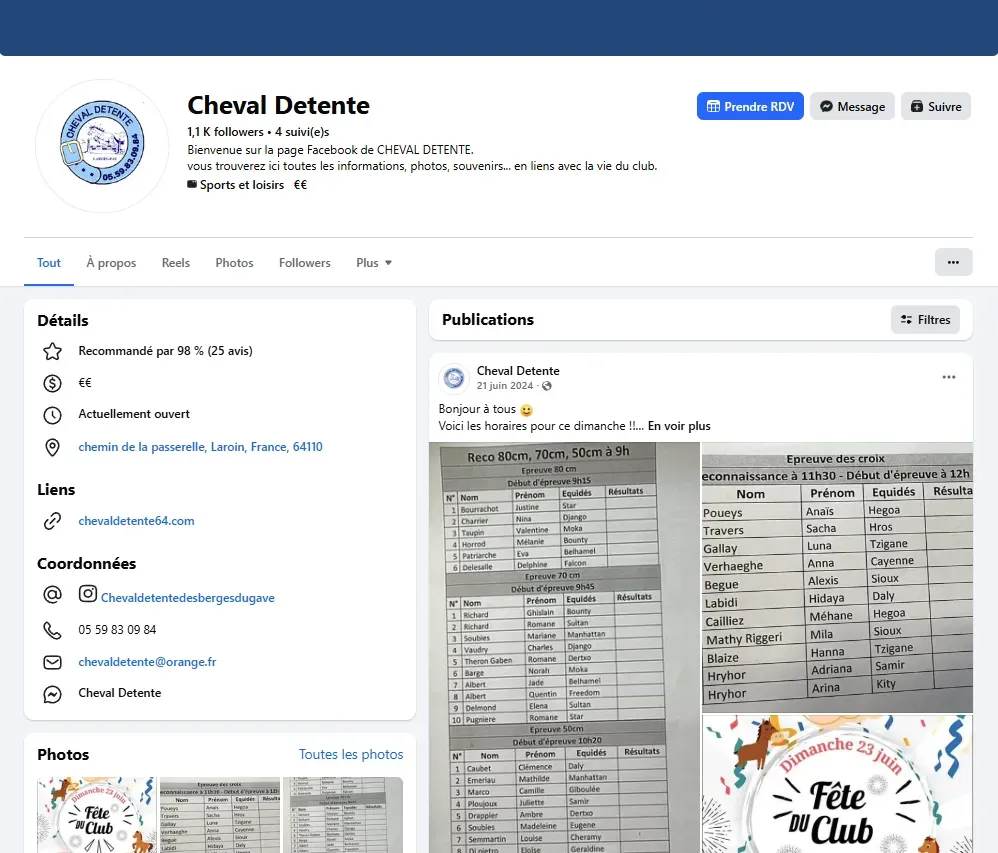 Page Facebook du centre équestre